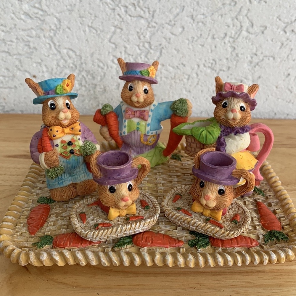 Vintage resin Rabbit Tea Set Collection   In original packaging. Whimsical decor